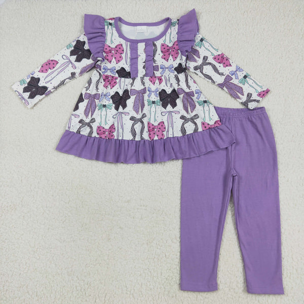 GLP2528 RTS toddler girl  clothes purple bows girl winter clothing set