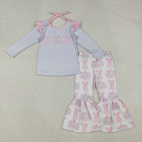 GLP2532 RTS girl clothes bows pumpkin girl bell bottom outfit