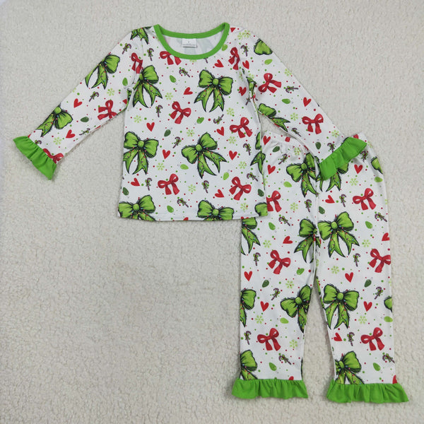 GLP2628 RTS girl clothes  green bows girl christmas pajamas winter set