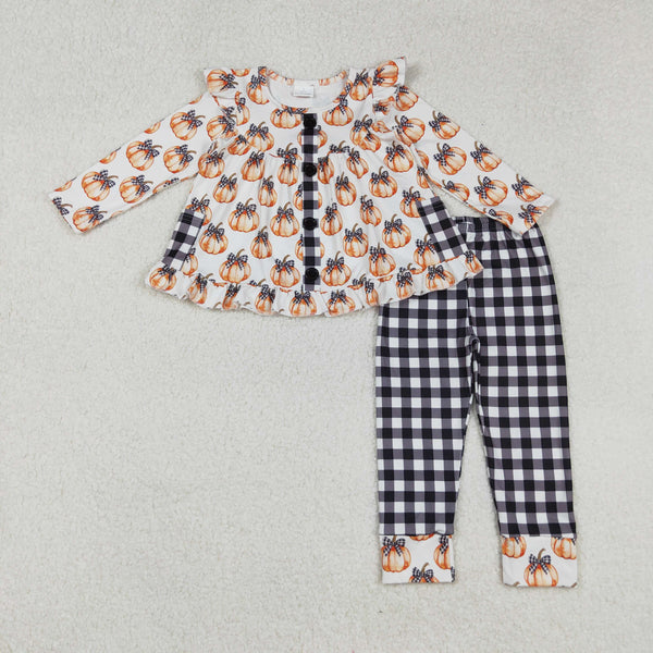 GLP2692 RTS girl clothes pumpkin plaid print girl pajamas winter set