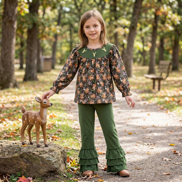 RTS GLP2908 toddler girl clothes deer embroidery hunting clothes long sleeve flare pants outfit winter clothes