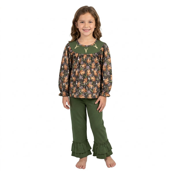 RTS GLP2908 toddler girl clothes deer embroidery hunting clothes long sleeve flare pants outfit winter clothes