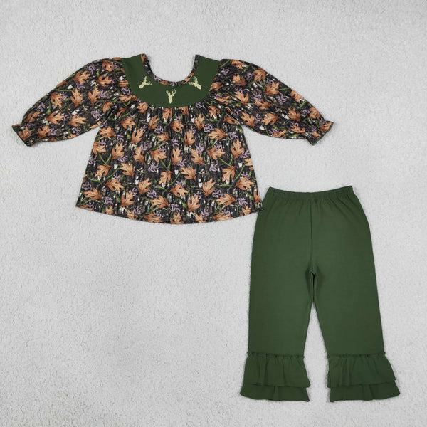 RTS GLP2908 toddler girl clothes deer embroidery hunting clothes long sleeve flare pants outfit winter clothes