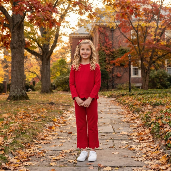 RTS GLP2964 toddler girl clothes cotton solid red long sleeve scallop outfit christmas pajamas set