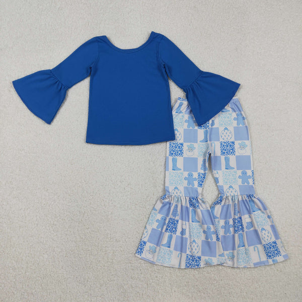 GLP3037 RTS toddler girl clothes blue santa claus christmas girl winter outfit bell bottom clothing set