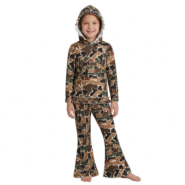 RTS GLP3078 toddler girl clothes camo print long sleeve hooded ruffle flare pants outfit