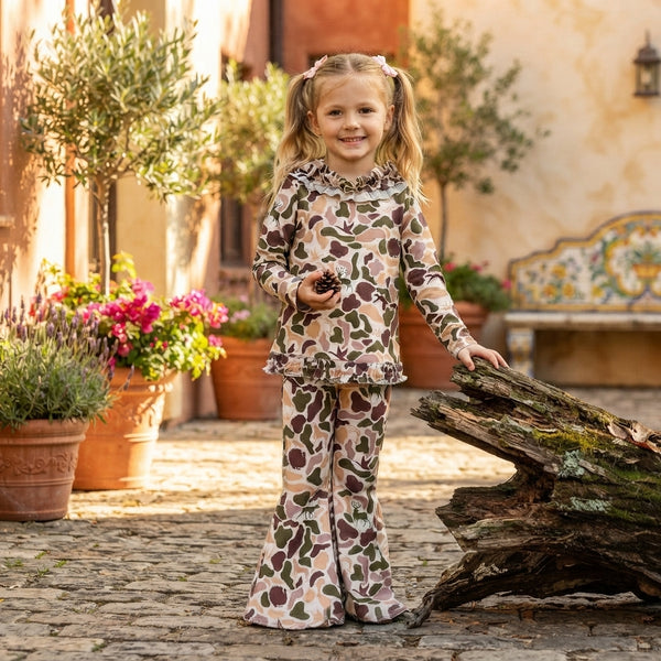 RTS GLP3079 baby girl clothes camo print hooded top flare pant outfit
