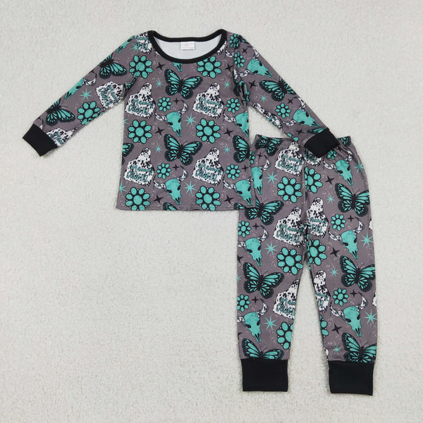 RTS GLP3254 toddler girl clothes Turquoise butterfly print girl winter set western clothing set