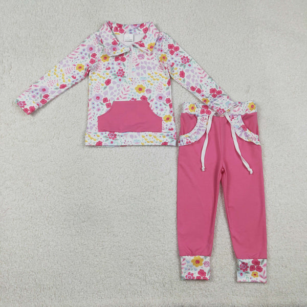 RTS GLP3277  toddler girl clothes pink floral print girl winter set