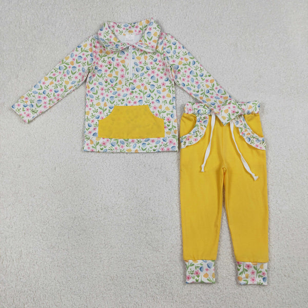 RTS GLP3280 toddler girl clothes yellow floral print girl winter set