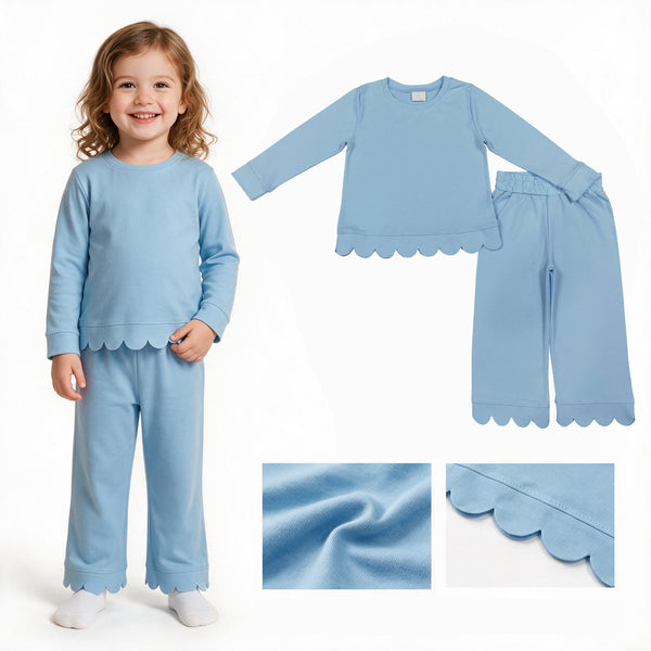 RTS GLP3292 kids girl clothes cotton blue girl winter outfit pants set scalloped outfit