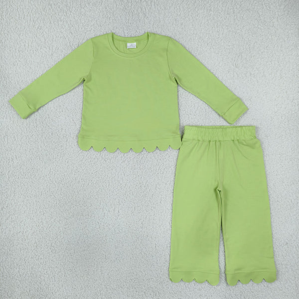 RTS GLP3296 toddler girl clothes green cotton  solid long sleeve scallop outfit winter pants set