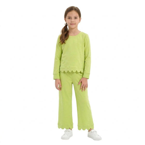 RTS GLP3296 toddler girl clothes green cotton  solid long sleeve scallop outfit winter pants set
