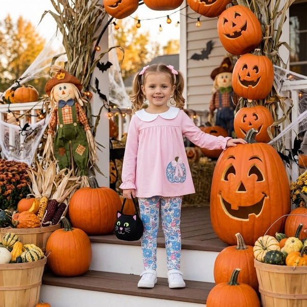 RTS GLP3319 baby girl clothes halloween pumpkin floral embroidery halloween set fall clothes