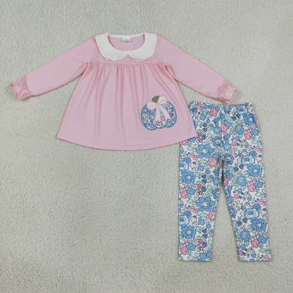 RTS GLP3319 baby girl clothes halloween pumpkin floral embroidery halloween set fall clothes