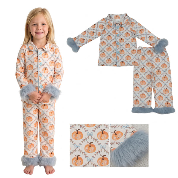 GLP3386 RTS kids clothing pumpkin print girl fall winter outfit fur pajamas set
