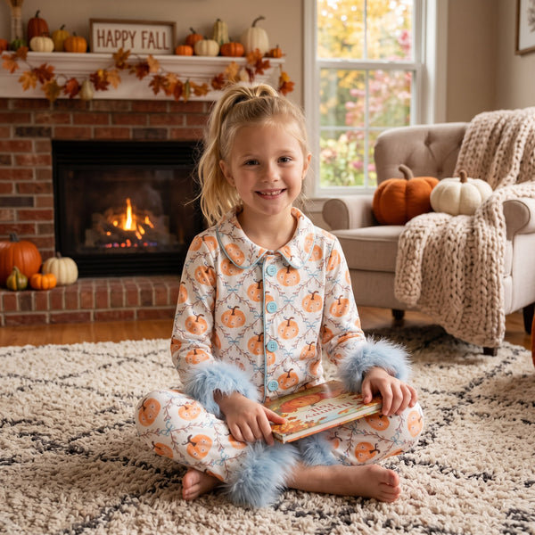 GLP3386 RTS kids clothing pumpkin print girl fall winter outfit fur pajamas set