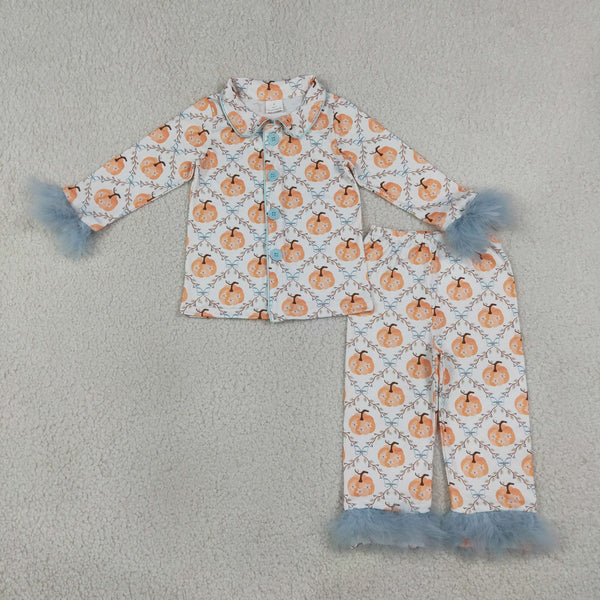 GLP3386 RTS kids clothing pumpkin print girl fall winter outfit fur pajamas set