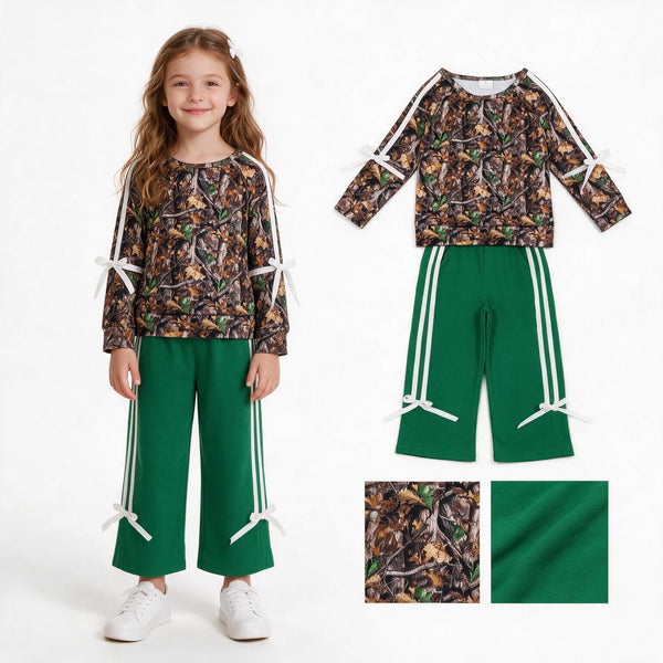 GLP3358 RTS Hunting Leaves Stripe Bows Green Girls Outfits Winter outfit clothing set