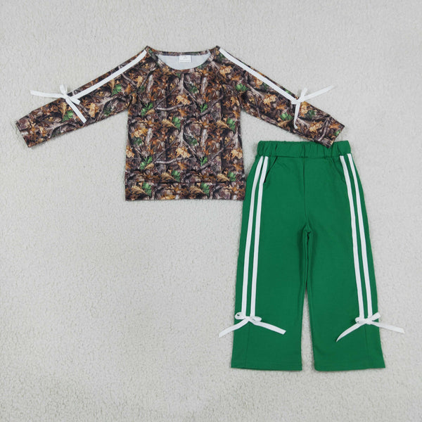 GLP3358 RTS Hunting Leaves Stripe Bows Green Girls Outfits Winter outfit clothing set