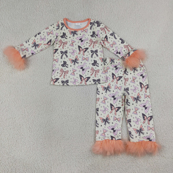 GLP3386 RTS kids clothing bow print girl winter outfit fur pajamas set halloween clothes