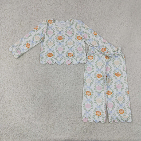 RTS GLP3395 kids girl clothes pumpkin halloween pajamas set fall clothing pant set scalloped outfit