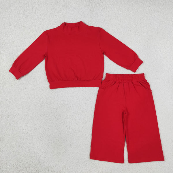 RTS GLP3412 baby girl clothes solid print long sleeve top wide leg pant set