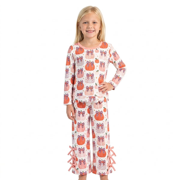 RTS GLP3435 baby girl clothes halloween pumpkin bow print long sleeve scallop pant outfit