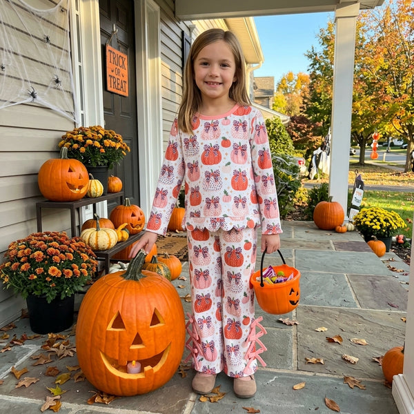 RTS GLP3435 baby girl clothes halloween pumpkin bow print long sleeve scallop pant outfit
