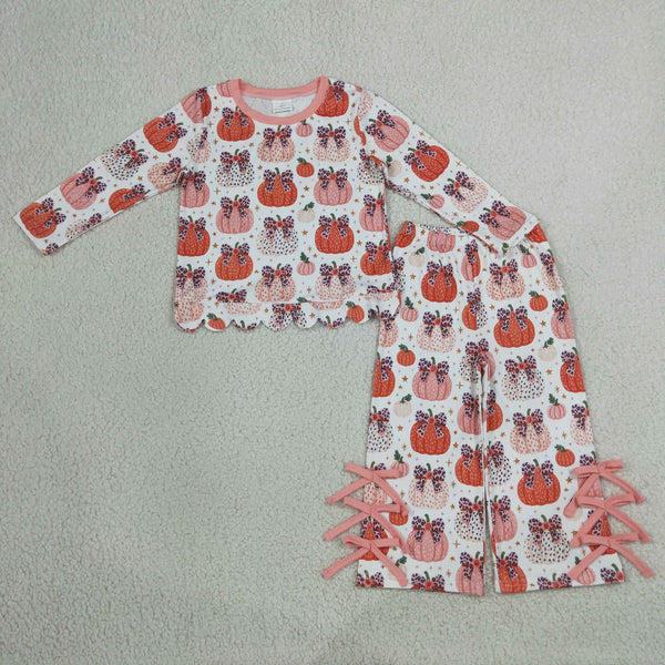 RTS GLP3435 baby girl clothes halloween pumpkin bow print long sleeve scallop pant outfit