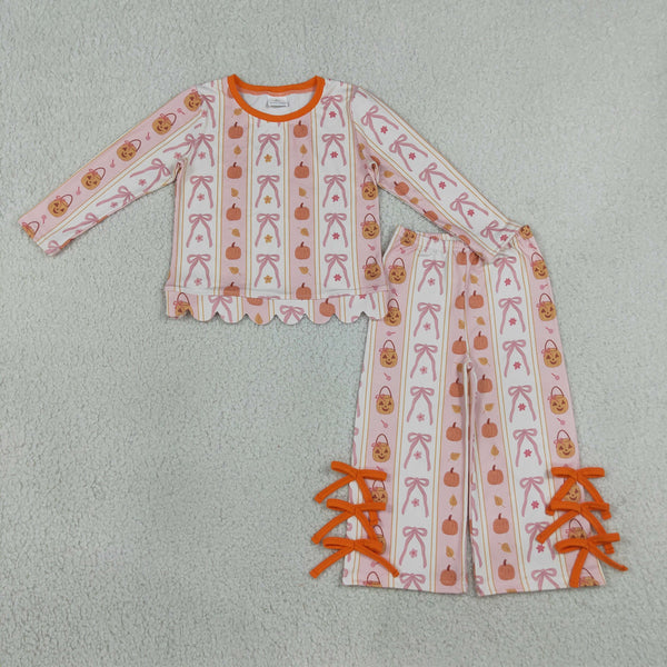 RTS GLP3436 baby girl clothes pumpkin print toddler girl halloween outfit scallop