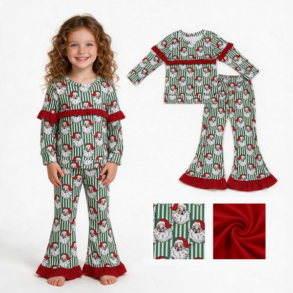 GLP3452 RTS Christmas Santa Stripe Ruffles Girls Set christmas clothing set