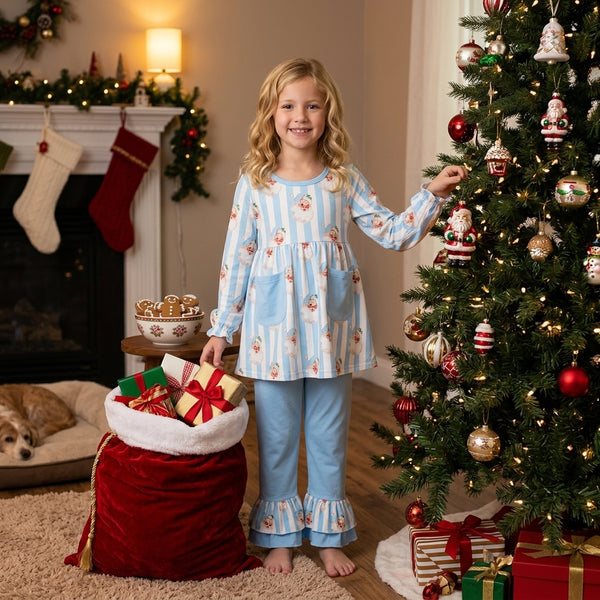 RTS GLP3455 baby girl clothes christmas santa stripe print long sleeve top pant outfit