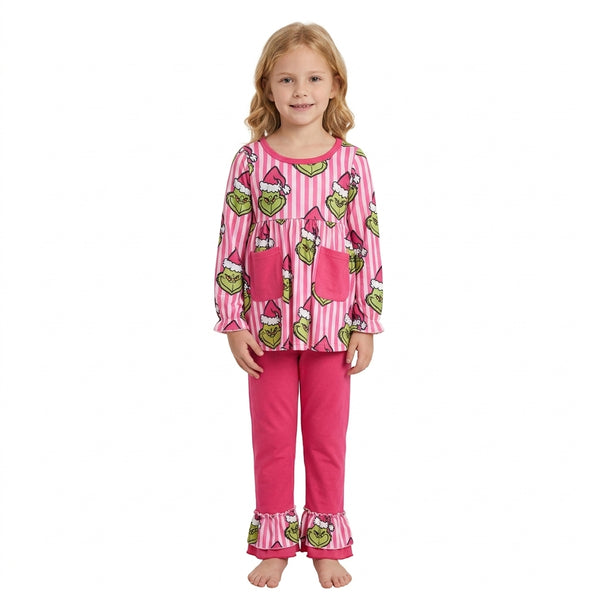 RTS GLP3458 baby girl clothes christmas grinch stripe print long sleeve top pant outfit