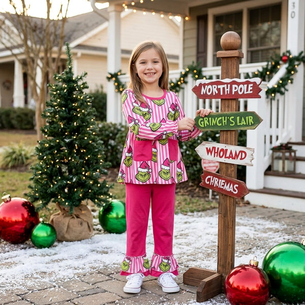 RTS GLP3458 baby girl clothes christmas grinch stripe print long sleeve top pant outfit
