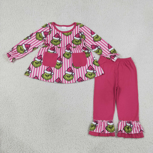 RTS GLP3458 baby girl clothes christmas grinch stripe print long sleeve top pant outfit