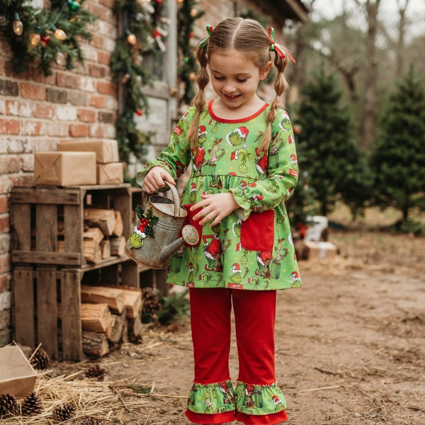 RTS GLP3459 toddler girl clothes christmas print long sleeve flare pants outfit