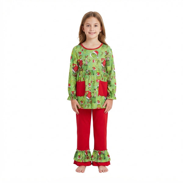 RTS GLP3459 toddler girl clothes christmas print long sleeve flare pants outfit