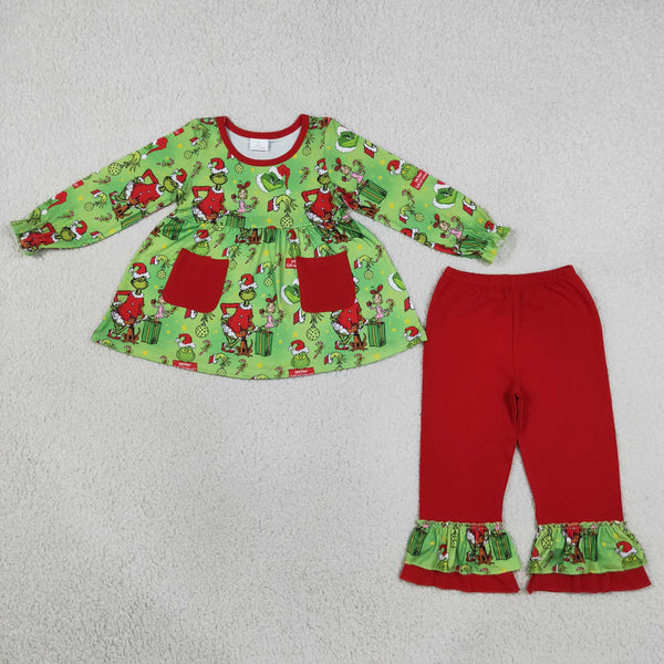 RTS GLP3459 toddler girl clothes christmas print long sleeve flare pants outfit