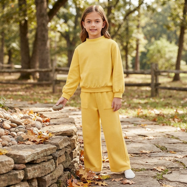 RTS GLP3473 baby girl clothes cotton solid long sleeve top wide leg pant outfit winter outfit