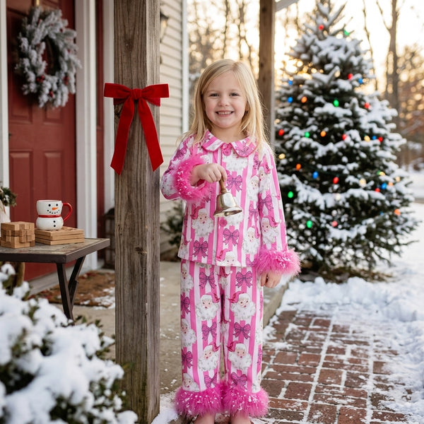 RTS GLP3478 baby girl clothes pink bows cute fur girl christmas pajamas set