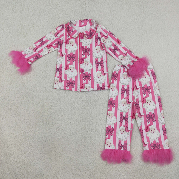 RTS GLP3478 baby girl clothes pink bows cute fur girl christmas pajamas set