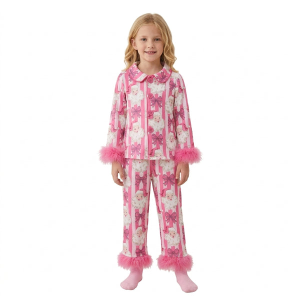 RTS GLP3478 baby girl clothes pink bows cute fur girl christmas pajamas set