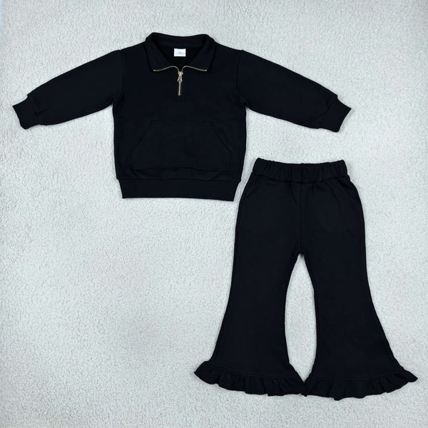 RTS GLP3489 toddler girl clothes solid half zip long sleeve ruffle flare pants outfit
