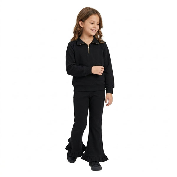RTS GLP3489 toddler girl clothes solid half zip long sleeve ruffle flare pants outfit