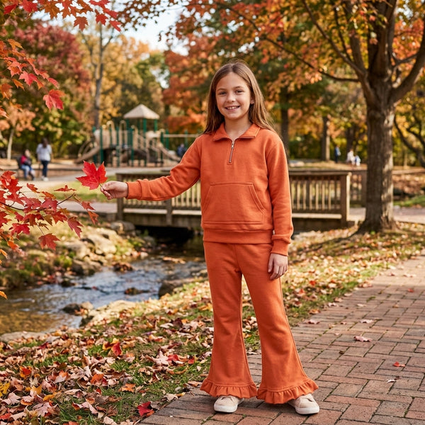 RTS GLP3490 toddler girl clothes solid half zip long sleeve ruffle flare pants outfit