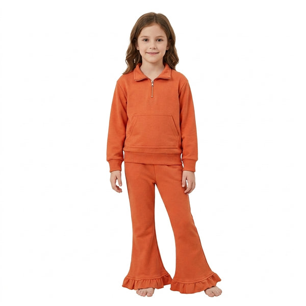 RTS GLP3490 toddler girl clothes solid half zip long sleeve ruffle flare pants outfit
