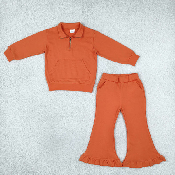RTS Matching clothing kids solid half zip long sleeve ruffle flare pants set-2026.10.17
