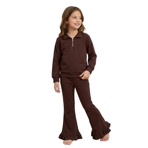 RTS GLP3491 toddler girl clothes solid half zip long sleeve ruffle flare pants outfit