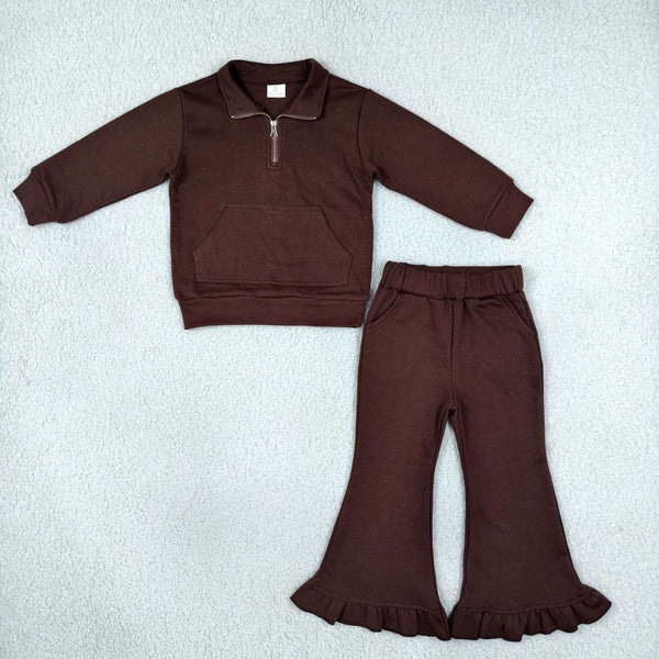 RTS Matching clothing kids solid half zip long sleeve ruffle flare pants set-2026.10.17